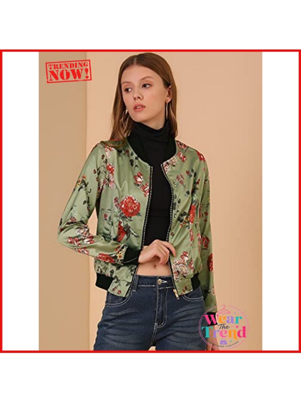 Allegra K Women's Bomber Jacket Satin Long Sleeve Floral Coat with Pocket - Picture 2 of 4